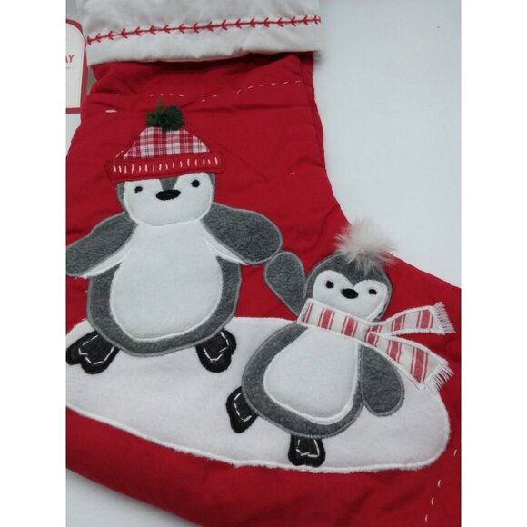 Pottery Barn Kids Amelia Winter Penguins Christmas Holiday Stocking Quilted Red - Picture 3 of 9